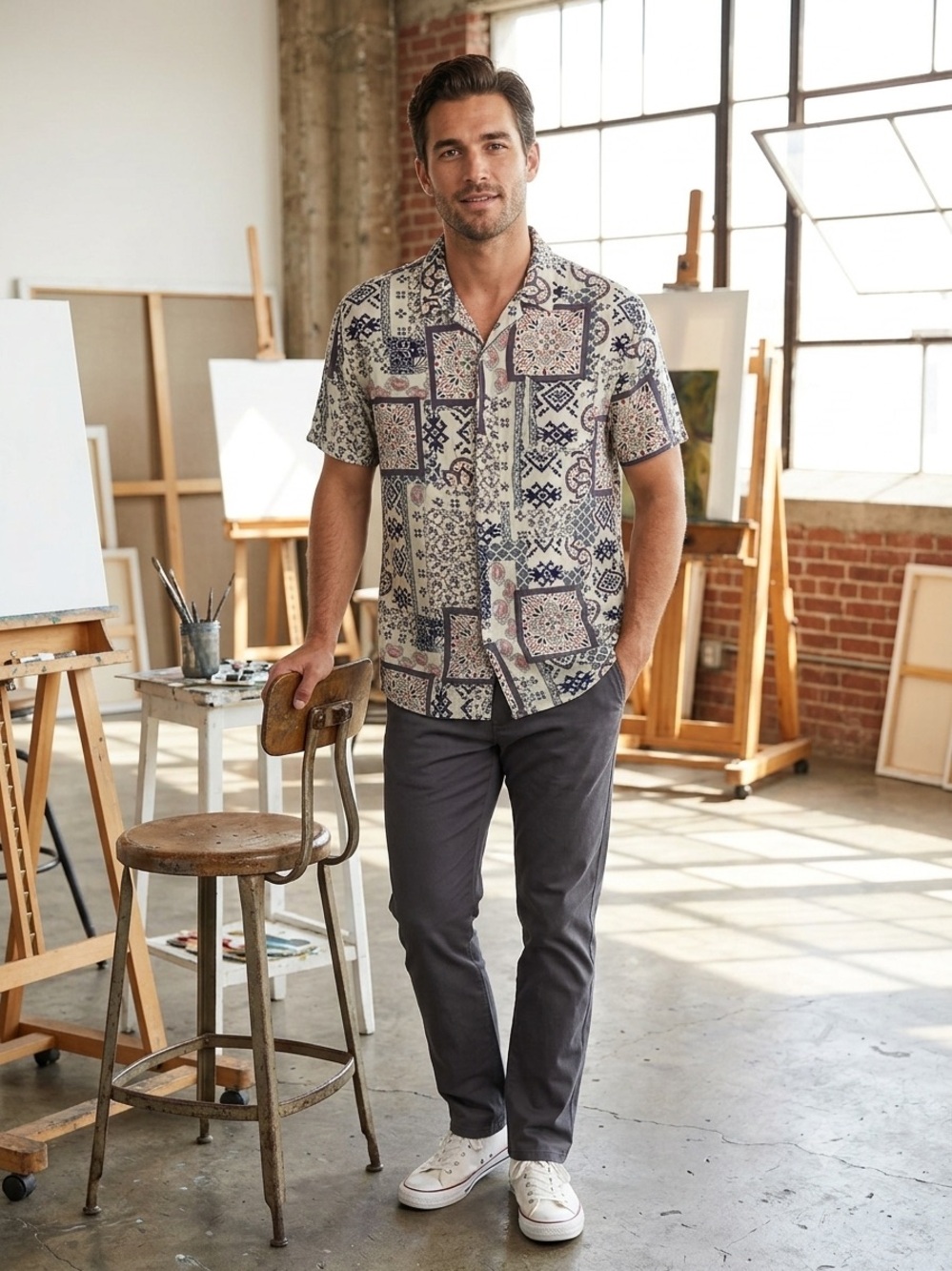 RSQ Men's Short Sleeve Patterned Button-Down Shirt - Cream, Navy, Tank. Size S